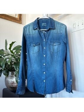 Zara Denim Jean Western Boho Button up Shirt Sz M Blue Bohemian